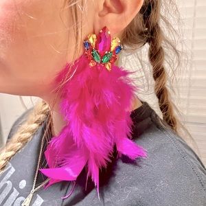 Hot Pink with Multi Colored Rhinestone and Feather Stud Earrings